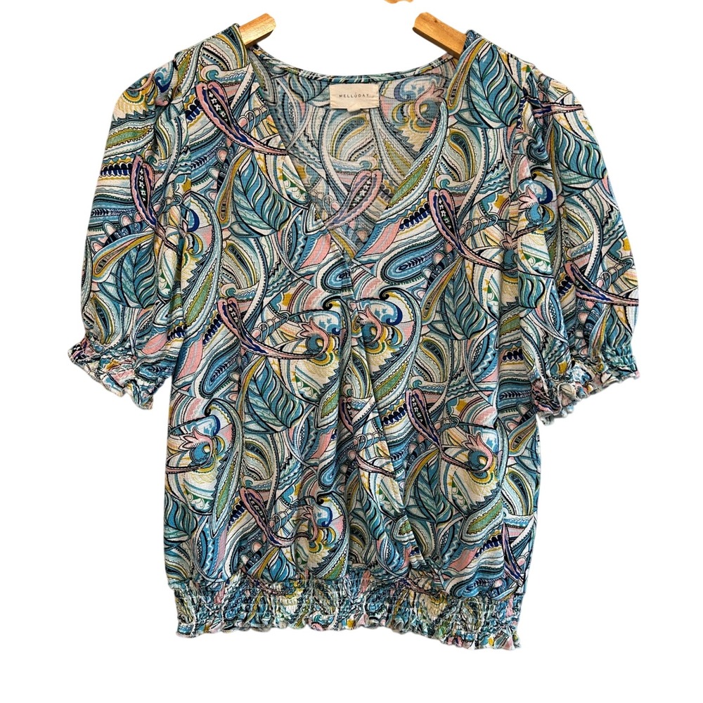 Melloday Womens M Paisley V-Neck Smocked Hem Blouse Blue Pink Fairy Feminine